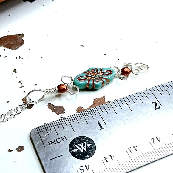Czech Glass Beaded Pendant Necklace, Turquoise Silver Copper, Boho Statement - Picture 6 of 6